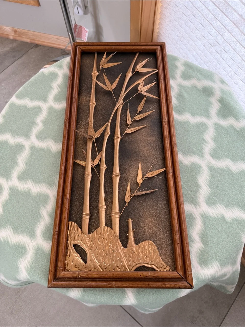 Vintage MCM Copper Relief Bamboo Wall Art in Wooden Frame with Artist Stamp